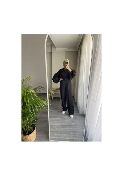 Henza Yüksel Bel Palazzo Bol Paça Siyah Kumaş Pantolon