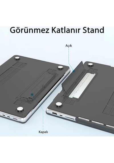 Apple Uyumlu MacBook Air 13.6" M2-m3 Çip 2022/2024 A2681 A3113 Standlı Şeffaf İz Bırakmayan Koruyucu Kapak Siyah