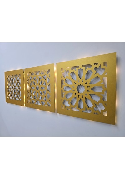 Led Işıklı Motif Tablo 3 Lü Set - 30x30cm Gold