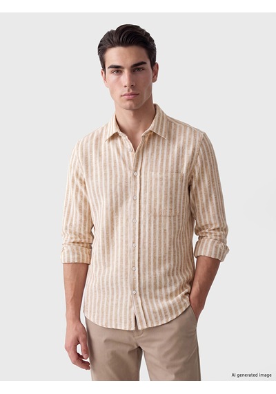 Lcwaıkıkı Classic Bej Regular Fit Çizgili Poplin Erkek Gömlek