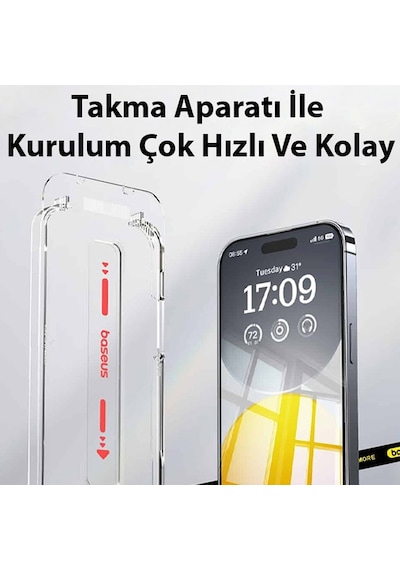 Baseus Crystalline Apple iPhone 15 Pro Uyumlu İçin Parlama Önleyici Tempered