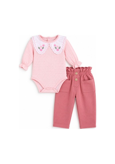 Babyhola 1-3 Yaş Kız Bebek Çocuk Çıtçıtlı Badi Pantolon Şık Alt Üst 2'li Takım Bayramlık 2327 Pembe
