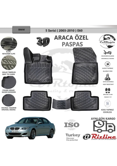 Rizline BMW 5 Serisi E60 2003-2010 Uyumlu 3D Siyah Havuzlu Paspas