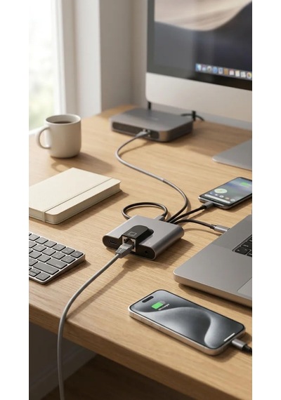 Lexroo Type-c - Rj45 Ethernet Adaptörü & 3.5mm Ses Girişli Pd Şarj Destekli Usb-c Hub/docking