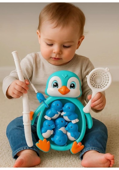 10 Parçalı Eğlenceli Eğitici Oltayla Penguen Yakalama Oyunu Banyo Ve Plaj Oyuncağı Seti Mavi