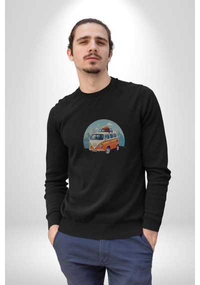 Wolkswagen Karavan Kış Gezisi Unisex Siyah Baskılı Sweatshirt Siyah