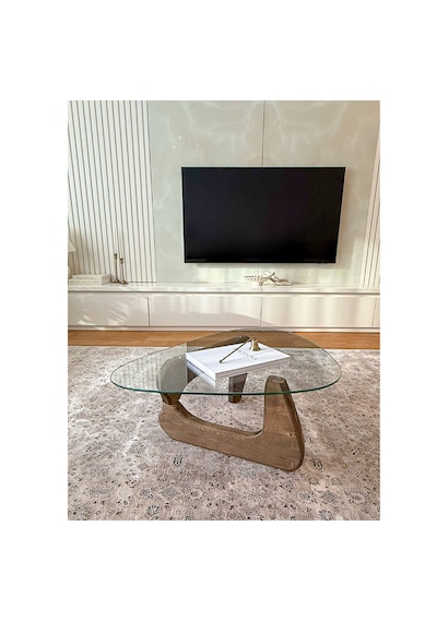 Orta Sehpa - Ceviz Renkli Asimetrik Model 90x65 Cm Temperli Cam Ahşap