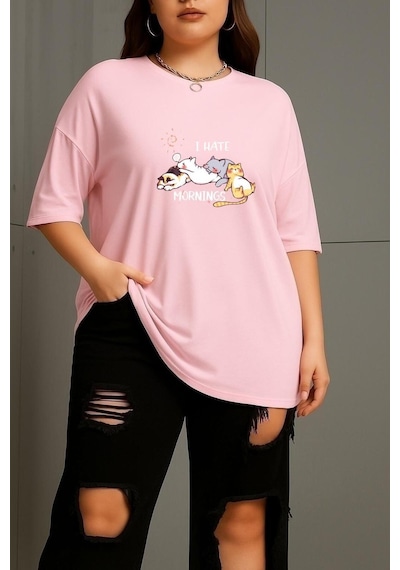 Büyük Beden Uyuyan Kediler Unisex Tişört Pembe