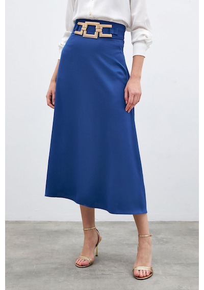 Sateen Bel Aksesuarlı Saten Krep Etek - Sax Mavi-135690 Saks Mavi