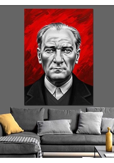 Kırmızı Arkaplan Atatürk Portresi Dekoratif Kanvas - Mdf Ahşap Tablo