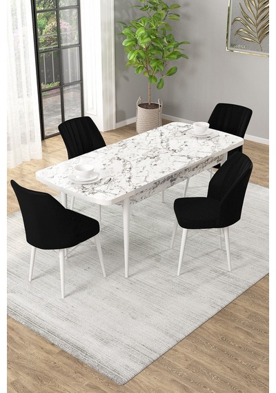 Arel Beyaz Mermer 80x132 Açılabilir Mdf Masa Yemek Odası Takımı, Mutfak Takımı 4 Adet Sandalye Beyaz Mermer - 4 Siyah - Beyaz Ayak Arel Beyaz Mermer 80x132 Açılabilir Mdf Masa Yemek Odası Takımı, Mutfak Takımı 4 Adet Sandalye Beyaz Mermer - 4 Siyah - Beyaz Ayak