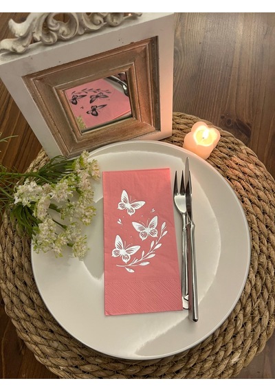 Gümüş Yaldızlı Pembe Kelebek Yaprak Detaylı Peçete 16 Adet