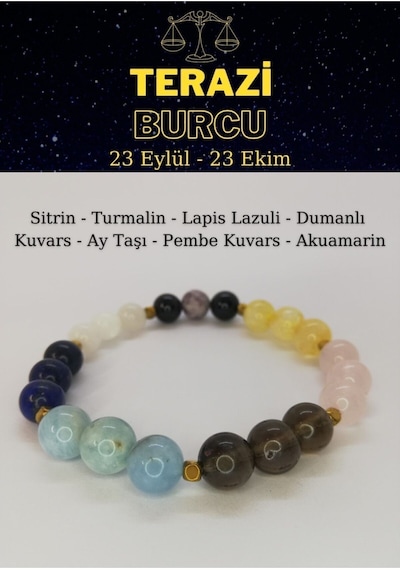 Terazi Burcu Bilekliği Lapislazuli,turmalin, Sitrin, Akuamarin, Pembe Kuvars, Aytaşı, Dumanlı Kuvars Çok Renkli