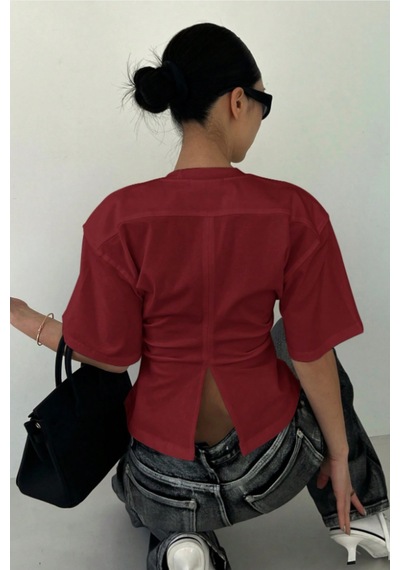 Kadın Bordo Kısa Kollu Sırt Dekolteli Slim Fit Bluz/t-shirt Bordo