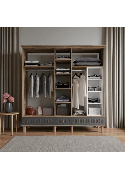 Comiet Sally 5 Kapaklı Aynalı Çekmeceli Mdf Gardırop Antrasit
