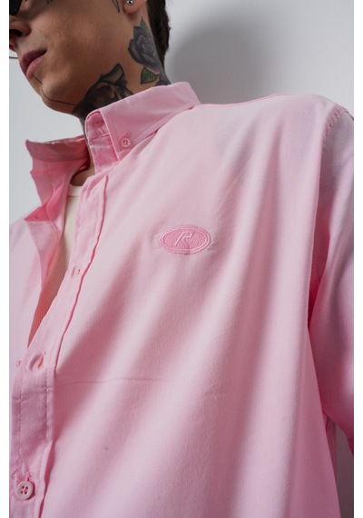 Respire Erkek Arma Nakışlı Uzun Kollu Oversize Gömlek Pembe