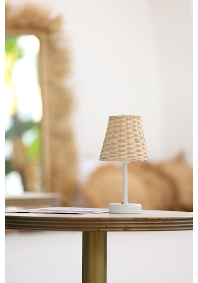 Rattan & Bambu Kablosuz Pilli Abajur Masa Lambası - Alt Uzun Beyaz Beyaz