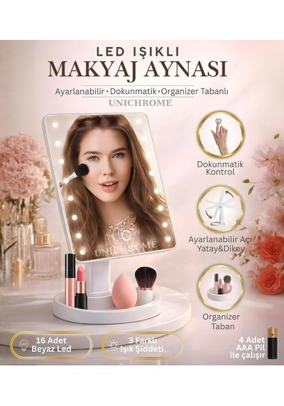 Dokunmatik Led Işıklı Pilli Masa Üstü Makyaj Aynası Makyaj Aynası Ledli Belirtilmemiş