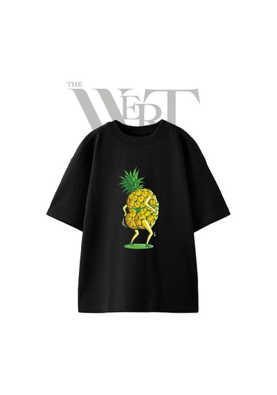 Thewert Dancing Pineapple Tasarım Baskılı Ünisex Siyah Oversize T-shirt