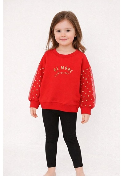 Kız Çocuk Tül Kol Detaylı Uzun Kollu Sweatshirt Kırmızı 2 7 Yaş Kırmızı