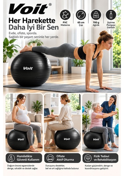 65 cm Pilates Topu Pompa Dahil Fitness ve Denge Egzersiz Topu Siyah