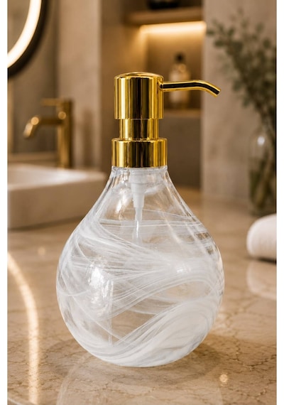 Buççin Online Mağaza Celina Cam Sabunluk Beyaz Alabaster Modern Lüks Banyo Aksesuarı Dekoratif Sıvı Sabunluk Sabun Çok Renkli