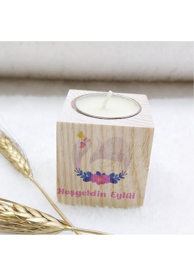 Ahşap Mumluk Kız Bebek Hediyeliği Kuğu UV Baskılı  5x5(30 Adet)