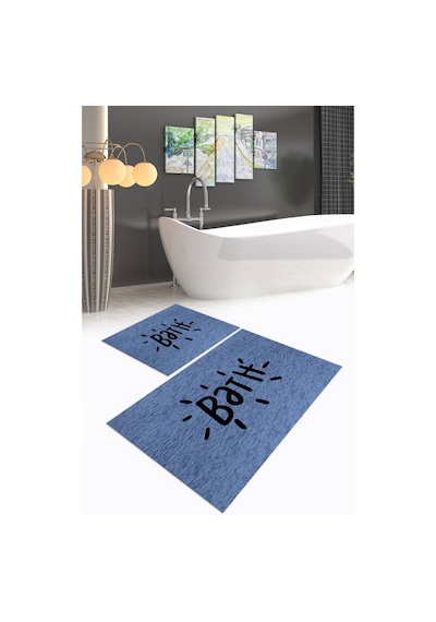 Buççin Online Mağaza Dijital Baskılı Kaymaz Yıkanabilir Bath İkili Banyo Takımı Klozet Takımı Polyester Mavi Çok Renkli