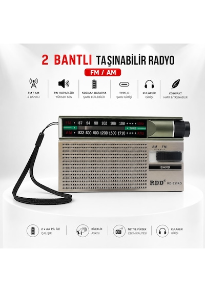 Ultratekno Rd-331rg Şarjlı Cep Radyosu Fm/am 2 Bant Taşınabilir Radyo Type-c Şarjlı 2xaa Pil Destekli Kulaklık Girişli Deprem Acil Durum Radyosu