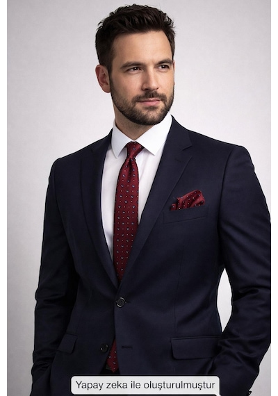 Gaffy Beyaz Lacivert Desenli Bordo Dokuma Kumaş Mendilli Slim Fit Kravat // Sdk-2612-4 Bordo
