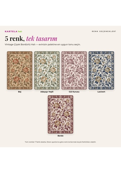 Kartela Halı Vintage Çiçek Bordürlü Halı Bej Kaymaz Taban Makinede Yıkanabilir 160x240 Cm