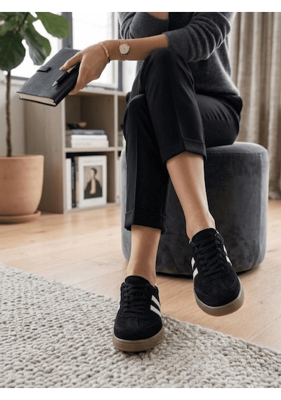 Potinonline 810 Kadın Hakiki Deri Süet Yanı Çizgili Sneaker Ayakkabı Siyah