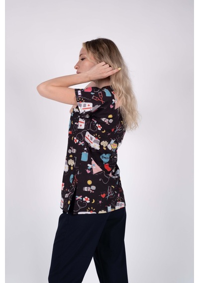 Likralı Kadın Desenli Hemşire Ve Doktor Forması Tek Üst Scrubs Hastane Üniforması Siyah