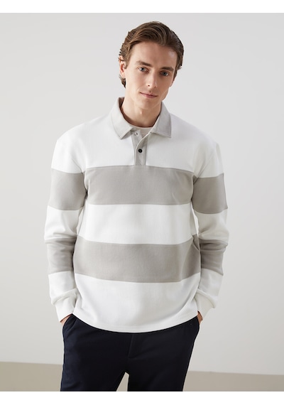 Lcw Vision Bej Polo Yaka Uzun Kollu Çizgili Erkek Sweatshirt