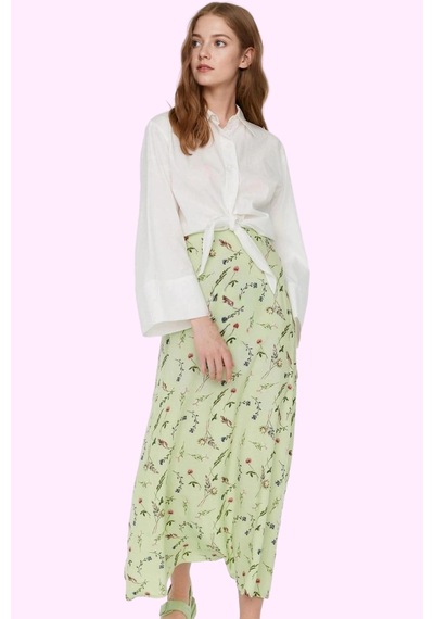 Ersefa Moda Tesettür Regular Çiçekli Desen Günlük Maxi Boy Puantiye Desenli Çan Dokuma Etek Yeşil