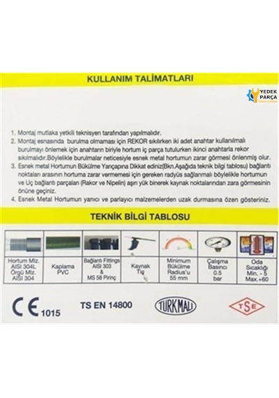 Ocak Fırın Gaz Doğalgaz Bağlantı Fleksi 150 Cm Yeni Tip Flex Örgülü Hortumu Flexi