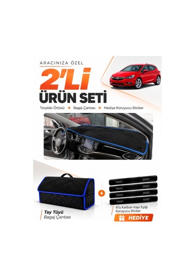 E-biz Opel Astra K 2015-2021 Uyumlu Torpido Örtüsü + Tay Tüyü Bagaj Çantası - Siyah-mavi - Op005