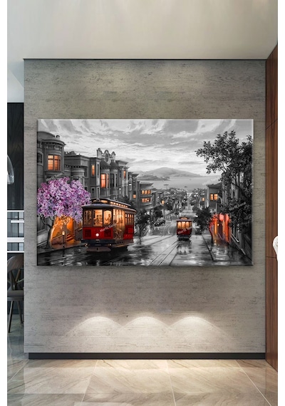 San Francisco Downtown Tramvay Şehir Yaşam Dekaratif Kanvas Tablo 7 Farklı Ölçü