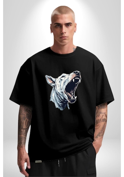 Bull Terier Köpek Havlama Pamuklu Bisiklet Yaka Unisex Oversize Boyfriend Dijital Baskılı Siyah T-shirt Siyah