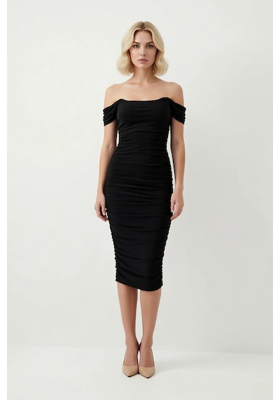 Benerly Kadın Carmen Yaka Düşük Kollu Bodycon Örme Midi Elbise Astarsız S Siyah