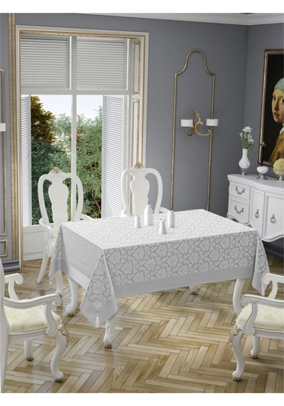 Polycotton Pamuklu Damask Desen Gümüş Gri Renk Luks Masa Örtüsü 160x220cm
