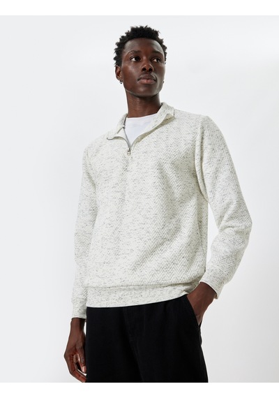 Koton Yarım Fermuarlı Sweatshirt Dokulu Pamuklu Beyaz 5wam70039mk Beyaz