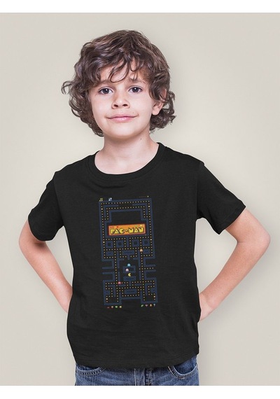 Sevbano Tasarım Pacman Baskılı Unisex Oyun Çocuk Tişört 1-12 Yaş SIYAH