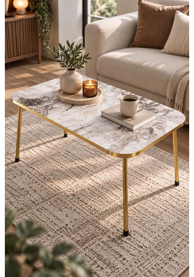 Sulorahome Beyaz Orta Sehpa Gold Ayaklı Altın - Beyaz
