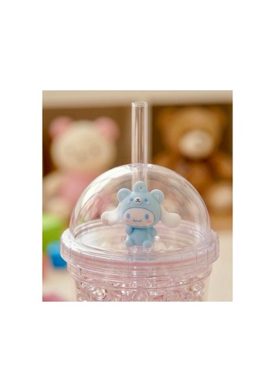 Sevimli Hello Kitty Kristal Figürlü Cam Bardak,450 Ml, Kız Çocuk Özel Tasarım Pipetli Plastik Suluk,matara,model2 Mavi