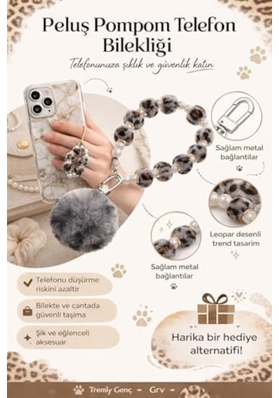 Peluş Ponpon Telefon Ve Çanta Bilekliği Gri Leopar Ve Düz Leopar Renkli Yumuşak Kürklü Anahtarlık, Telefon Askısı Ve Şık Boncuklu Kadın Aksesuarı Acik Yeşil