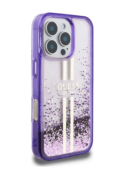 Apple Uyumlu iPhone 16 Pro Max Kılıf Guess Lisanslı Transparan Sıvılı Simli Altın Çizgili Kapak Mor