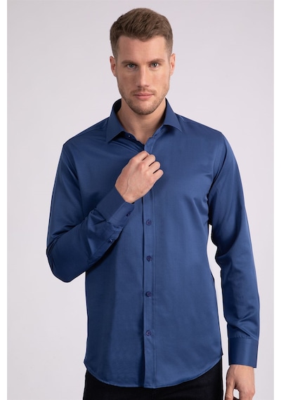 Tudors Modern Slim Fit Düz Saten Erkek Gömlek-23055 İndigo
