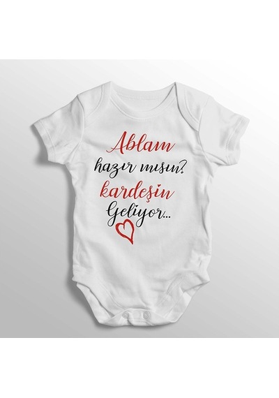 İmaj Tuğbababy Ablam Hazır Mısın Kardeşin Geliyor Yazılı Baskılı Bebek Zıbını Beyaz