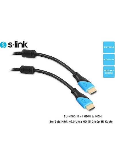 S-Link Sl-H4K3 19+1 Hdmi To Hdmi 3M Gold Kılıflı V1.4 Ultra Hd 4K